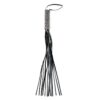A black leather whip with tassels on a white background.