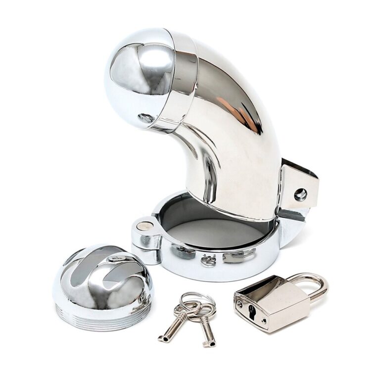 Modern metallic sex toy with lockable features, keys, and secure casing, designed for discreet adult pleasure and intimate safety.
