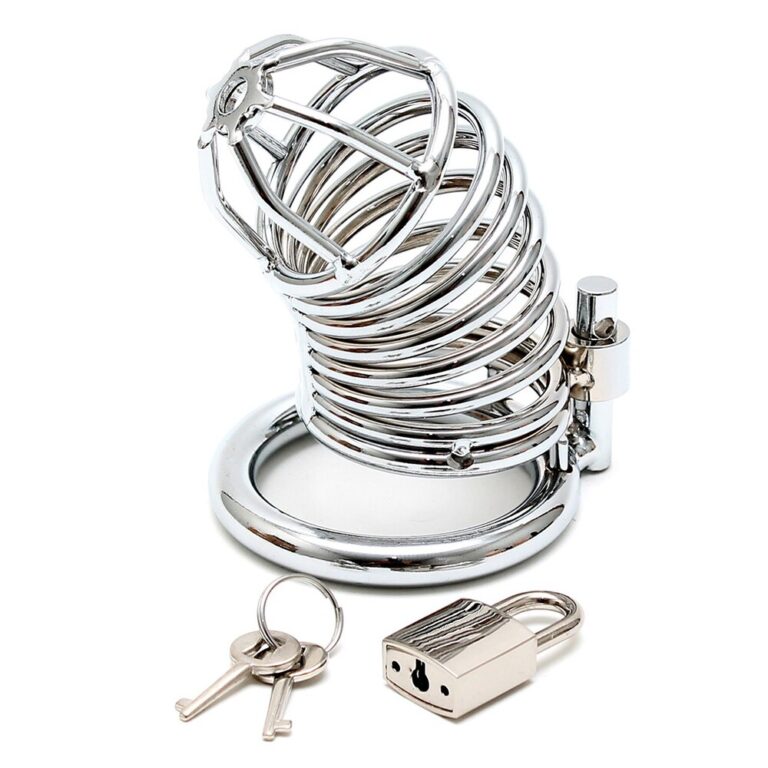 Restraint cage for adult pleasure, made of stainless steel with lock and keys, designed for BDSM and fetish play, enhancing intimacy and control.
