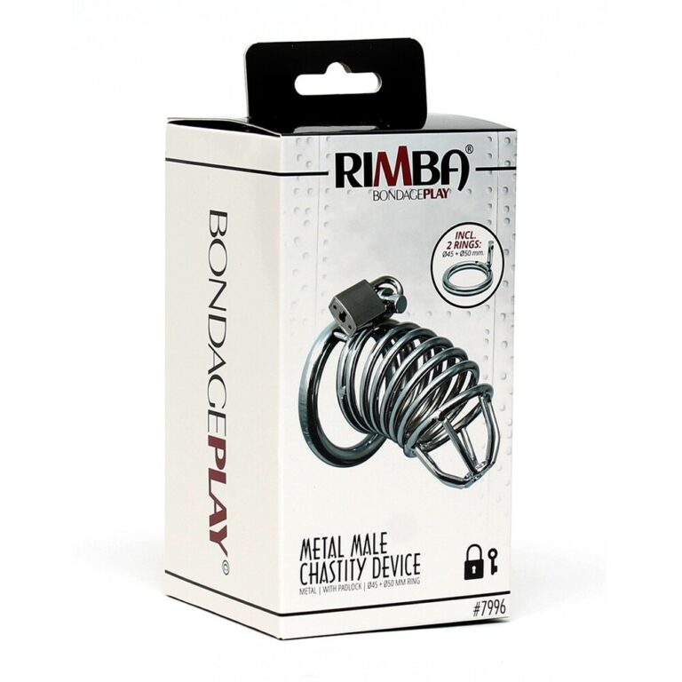 An SEO-friendly ALT tag for this image could be: "Metal male chastity device from Bondage Play, designed for BDSM and adult pleasure, featuring durable construction and secure locking mechanism for en.