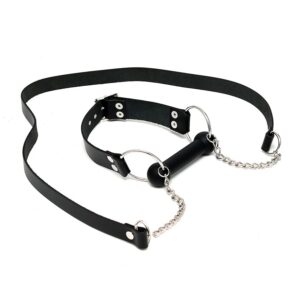 A black leather collar with a chain attached to it.