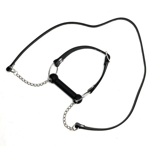 A black leather leash with a chain attached to it.