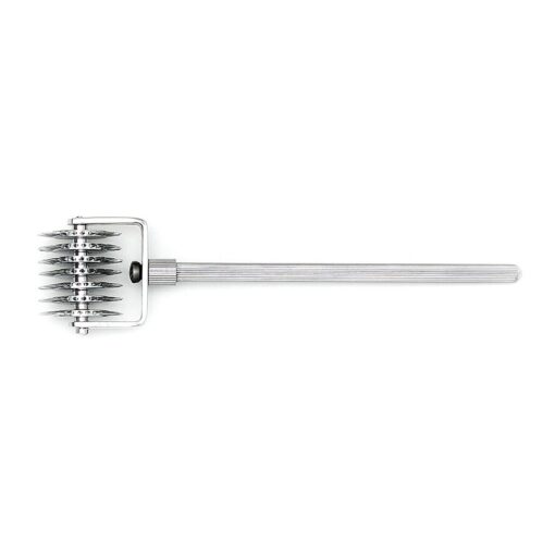 A stainless steel spatula on a white background.