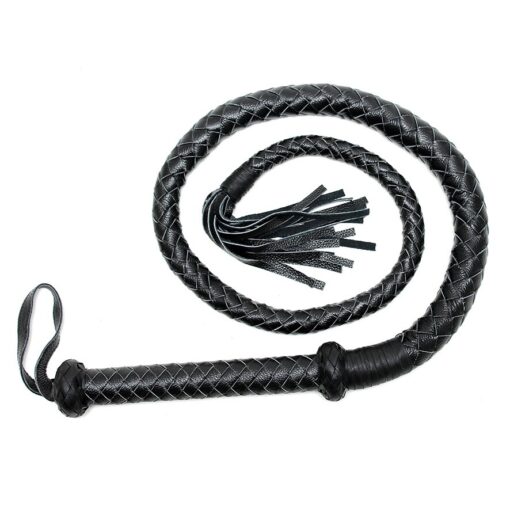A black leather whip with a tassel.