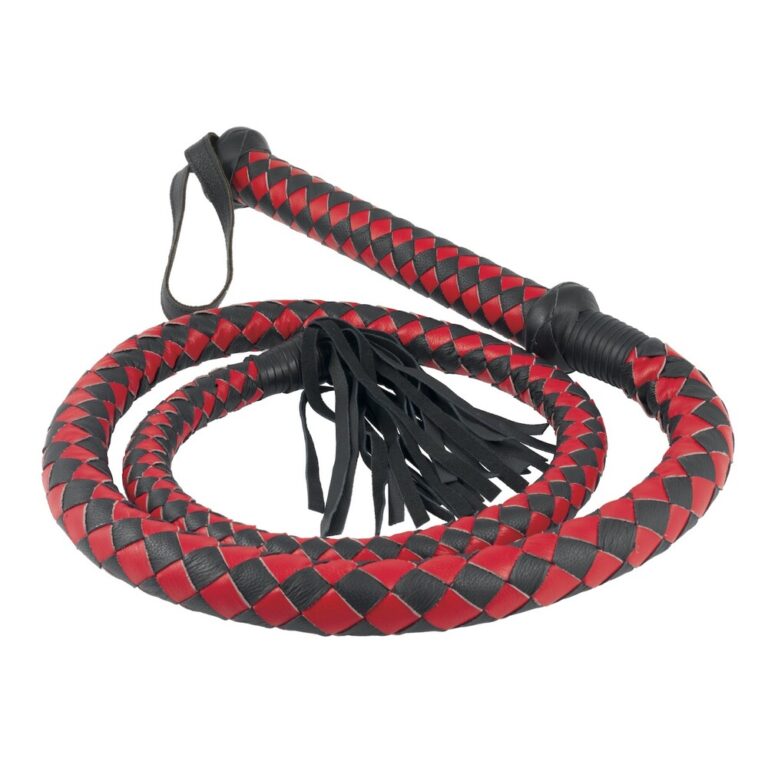 Leather BDSM whip with red and black braided handle for adult pleasure and kink play. Perfect for enhancing intimacy and exploring BDSM fantasies with safety and style.