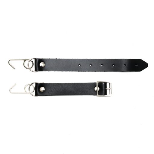 A pair of black leather straps on a white background.