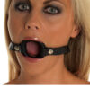 A woman's mouth with a black leather gag.