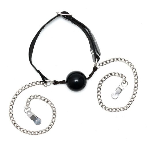 A black ball is attached to a chain on a white background.